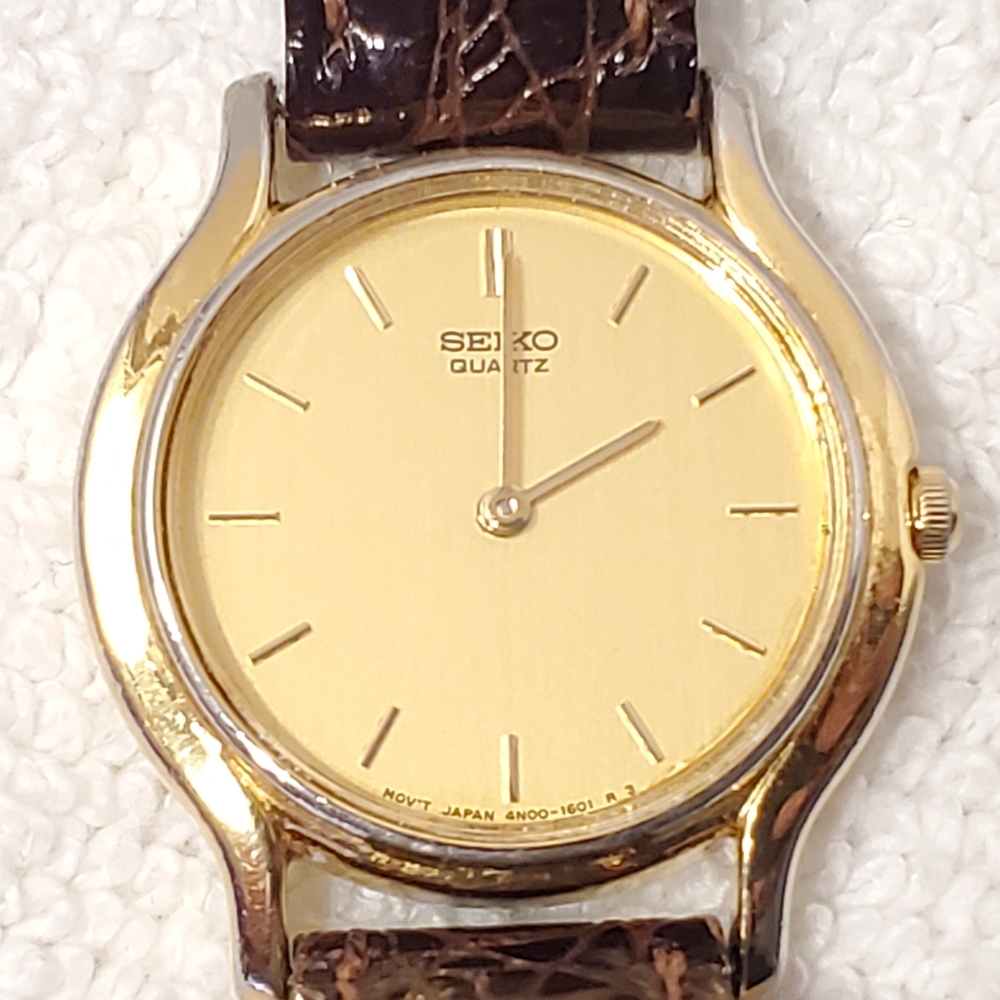 Vintage Seiko Women's Quartz Watch Brown Leather Strap Gold Plated S Steel